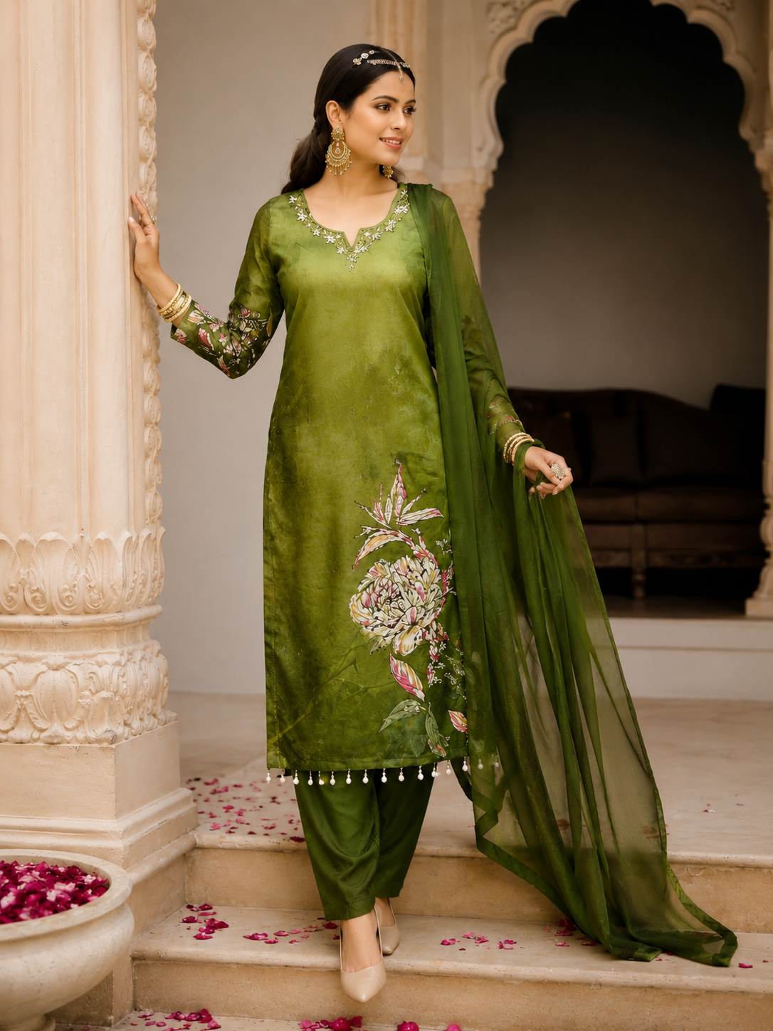 Olive Bloom Floral Printed Suit Set
